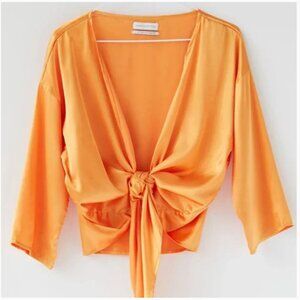 ⭐️ 🌻 Nicole Satin Tie-Front Nylon Peasant Hipster Hippie Deco Farm Boho Blouse